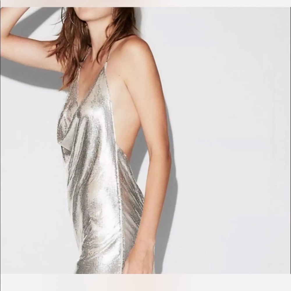 💃 EXPRESS silver chainmail metal mesh halter party dress S M - Picture 3 of 11